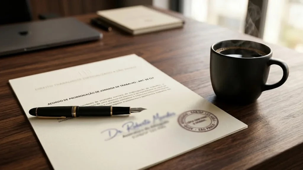 Caneta e papel assinado sobre mesa de madeira, representando a legalidade de contratos e acordos de hora extra.