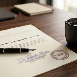 Caneta e papel assinado sobre mesa de madeira, representando a legalidade de contratos e acordos de hora extra.