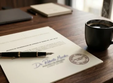 Caneta e papel assinado sobre mesa de madeira, representando a legalidade de contratos e acordos de hora extra.