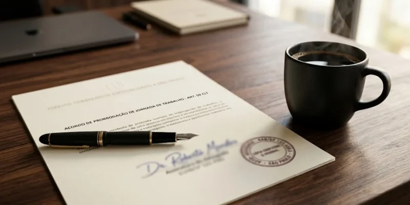 Caneta e papel assinado sobre mesa de madeira, representando a legalidade de contratos e acordos de hora extra.
