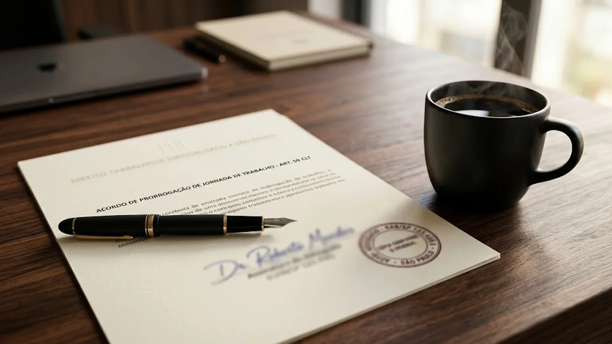 Caneta e papel assinado sobre mesa de madeira, representando a legalidade de contratos e acordos de hora extra.