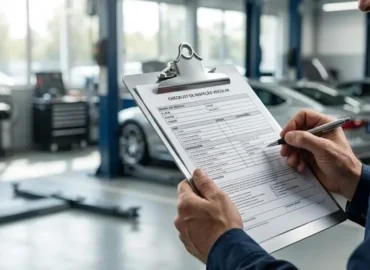 Especialista jurídico revisando documento de vistoria veicular em oficina mecânica para fins de indenização.