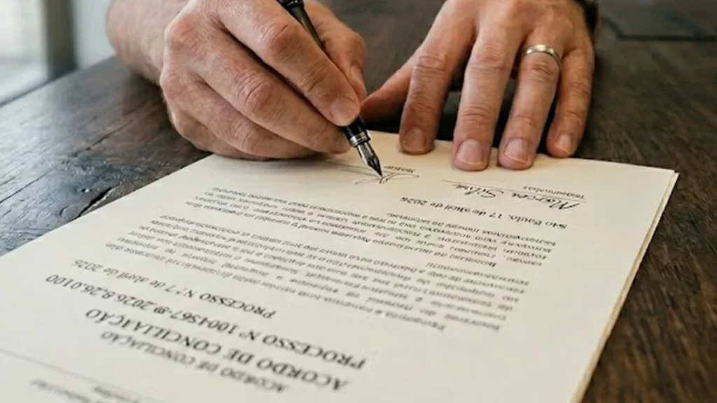 Close-up de mãos assinando documento sobre responsabilidade de conserto de infiltração em apartamento.