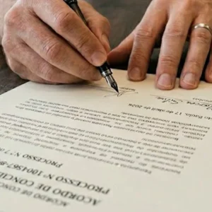 Close-up de mãos assinando documento sobre responsabilidade de conserto de infiltração em apartamento.