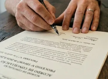 Close-up de mãos assinando documento sobre responsabilidade de conserto de infiltração em apartamento.