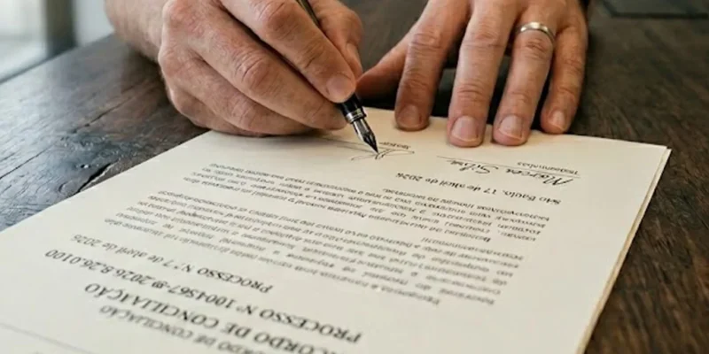 Close-up de mãos assinando documento sobre responsabilidade de conserto de infiltração em apartamento.