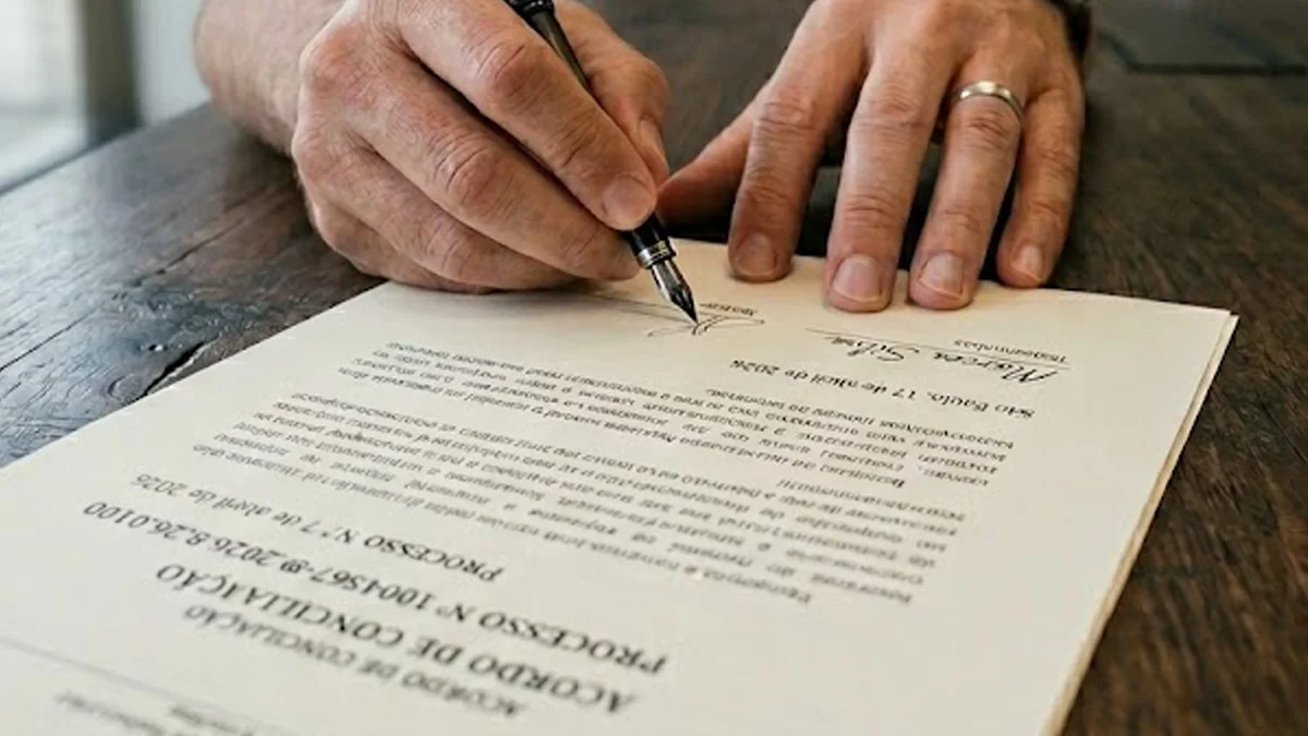 Close-up de mãos assinando documento sobre responsabilidade de conserto de infiltração em apartamento.