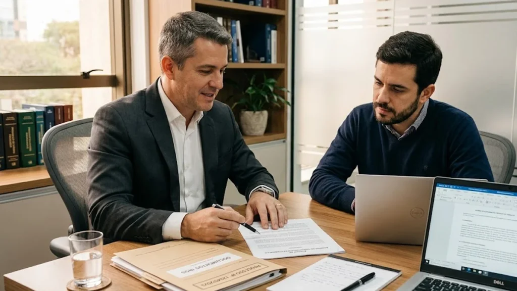 Um advogado e um cliente conversam de forma consultiva em um escritório organizado, analisando documentos de afastamento do INSS.