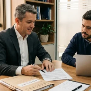 Um advogado e um cliente conversam de forma consultiva em um escritório organizado, analisando documentos de afastamento do INSS.