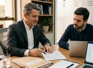 Um advogado e um cliente conversam de forma consultiva em um escritório organizado, analisando documentos de afastamento do INSS.