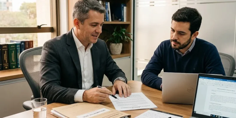 Um advogado e um cliente conversam de forma consultiva em um escritório organizado, analisando documentos de afastamento do INSS.
