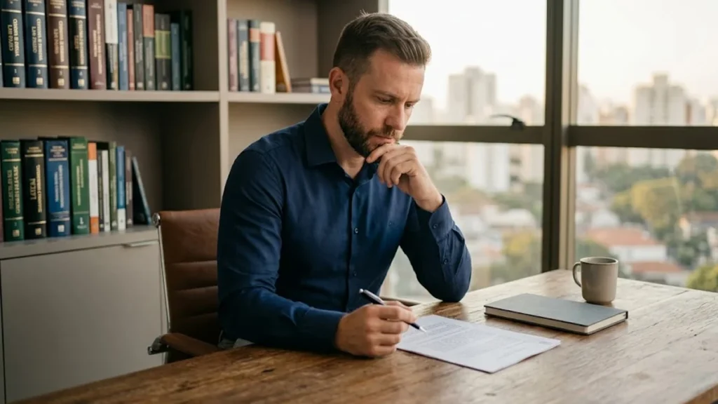 Um profissional sentado à mesa de um escritório sóbrio, segurando uma caneta e analisando documentos financeiros com expressão reflexiva.