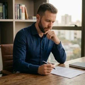 Um profissional sentado à mesa de um escritório sóbrio, segurando uma caneta e analisando documentos financeiros com expressão reflexiva.