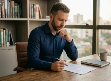 Um profissional sentado à mesa de um escritório sóbrio, segurando uma caneta e analisando documentos financeiros com expressão reflexiva.