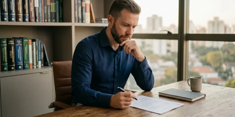 Um profissional sentado à mesa de um escritório sóbrio, segurando uma caneta e analisando documentos financeiros com expressão reflexiva.