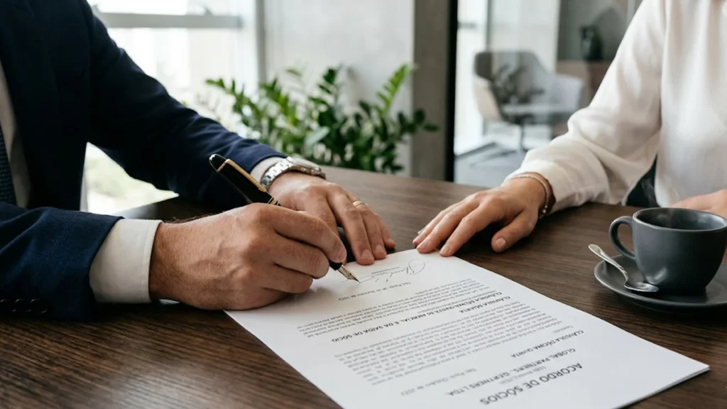 Close de empresários assinando acordo de sócios em mesa de madeira, simbolizando segurança jurídica e planejamento empresarial.