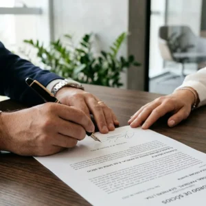 Close de empresários assinando acordo de sócios em mesa de madeira, simbolizando segurança jurídica e planejamento empresarial.