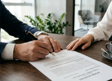 Close de empresários assinando acordo de sócios em mesa de madeira, simbolizando segurança jurídica e planejamento empresarial.