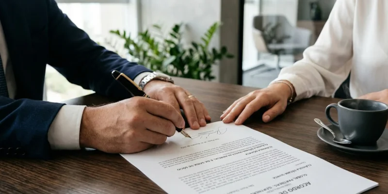 Close de empresários assinando acordo de sócios em mesa de madeira, simbolizando segurança jurídica e planejamento empresarial.