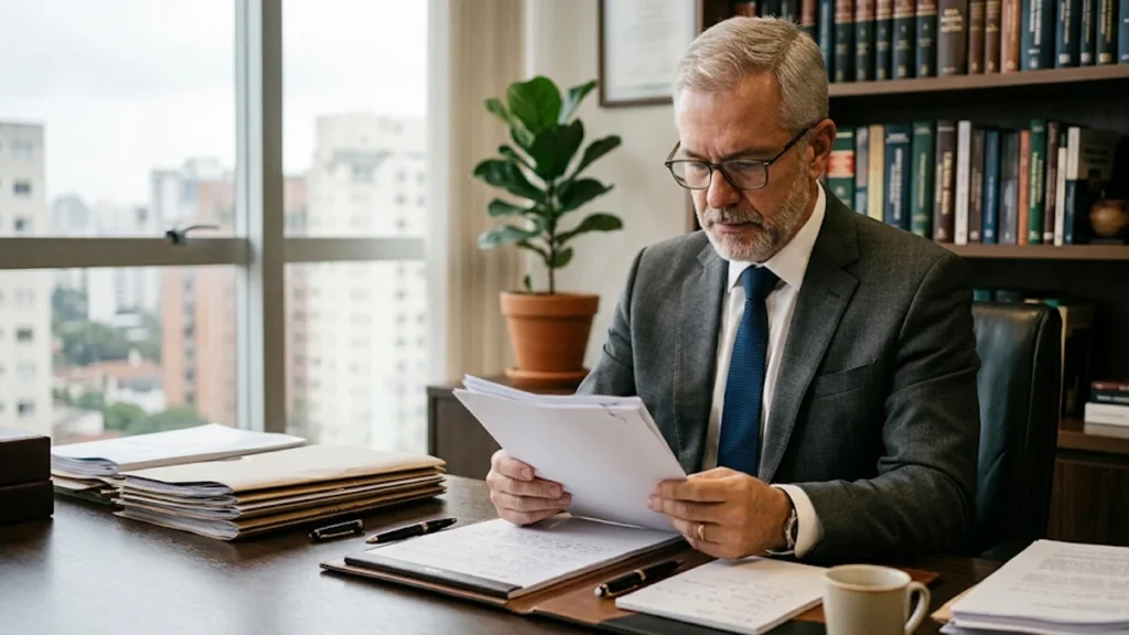 Advogado em escritório analisando documentação jurídica sobre dano moral coletivo nas relações de consumo.