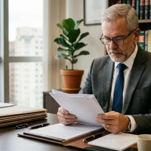 Advogado em escritório analisando documentação jurídica sobre dano moral coletivo nas relações de consumo.