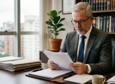 Advogado em escritório analisando documentação jurídica sobre dano moral coletivo nas relações de consumo.