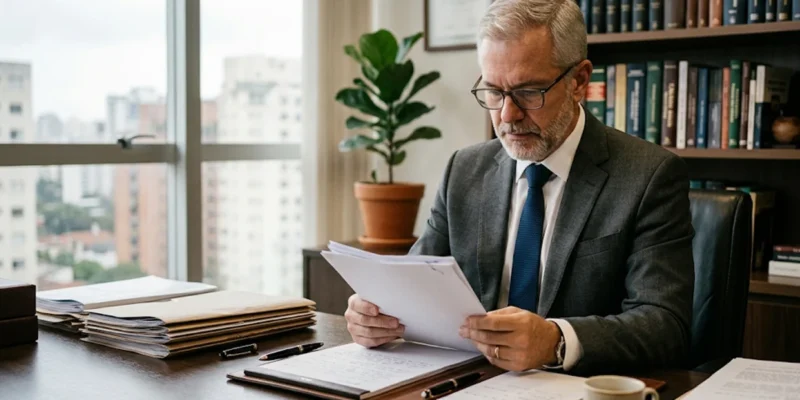Advogado em escritório analisando documentação jurídica sobre dano moral coletivo nas relações de consumo.
