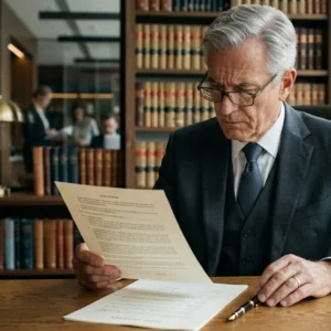 Advogado sênior em escritório moderno analisando documentos para fundamentar pedido de liminar urgente em São Paulo.
