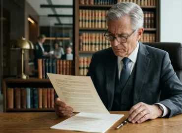 Advogado sênior em escritório moderno analisando documentos para fundamentar pedido de liminar urgente em São Paulo.