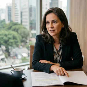Advogada especialista em trânsito explica processo por manobra perigosa de moto para cliente em escritório em São Paulo.