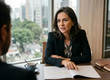 Advogada especialista em trânsito explica processo por manobra perigosa de moto para cliente em escritório em São Paulo.