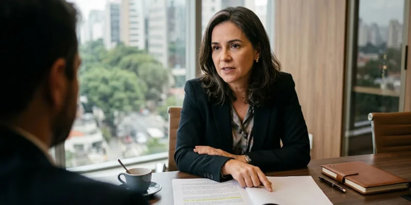 Advogada especialista em trânsito explica processo por manobra perigosa de moto para cliente em escritório em São Paulo.