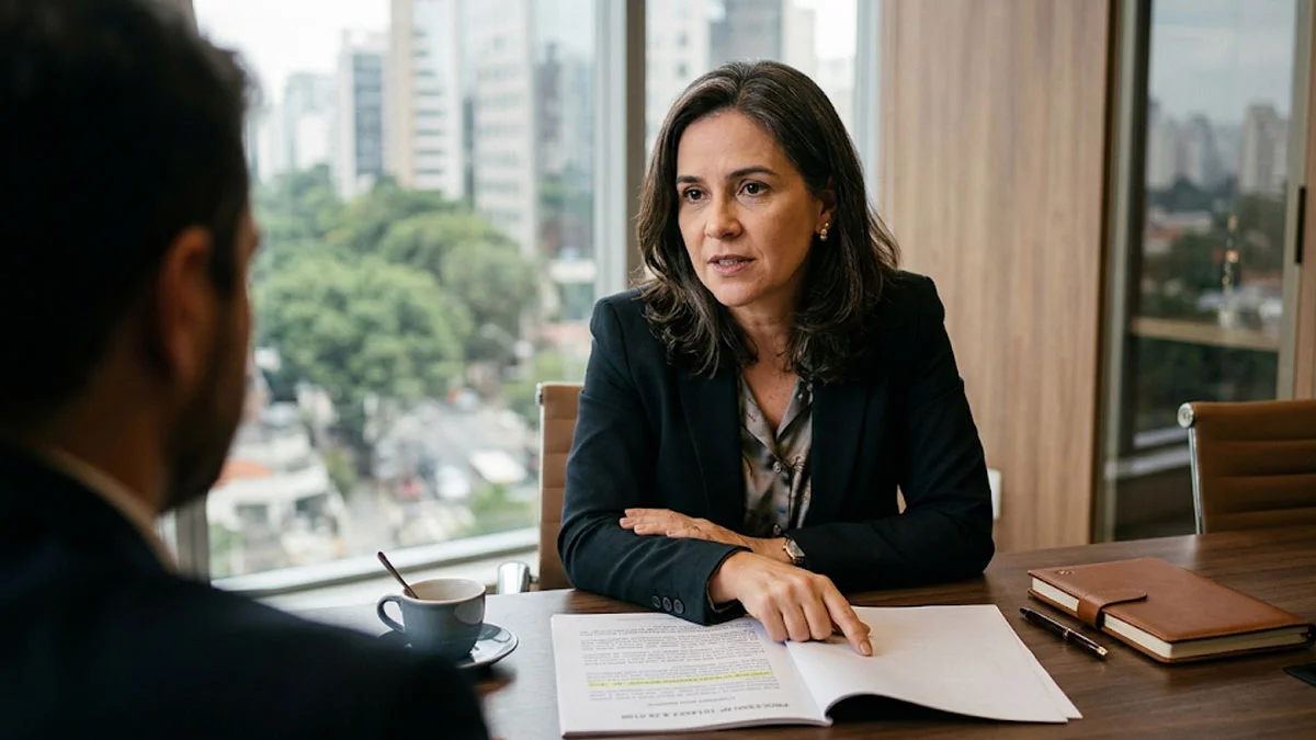 Advogada especialista em trânsito explica processo por manobra perigosa de moto para cliente em escritório em São Paulo.