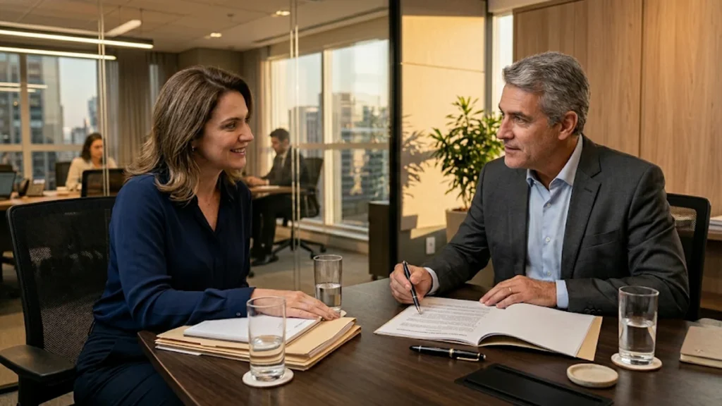 Advogado sênior explicando detalhes do adicional de periculosidade para cliente em sala de reunião corporativa em São Paulo.