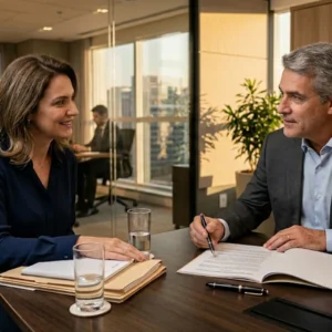 Advogado sênior explicando detalhes do adicional de periculosidade para cliente em sala de reunião corporativa em São Paulo.