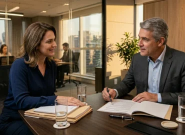 Advogado sênior explicando detalhes do adicional de periculosidade para cliente em sala de reunião corporativa em São Paulo.