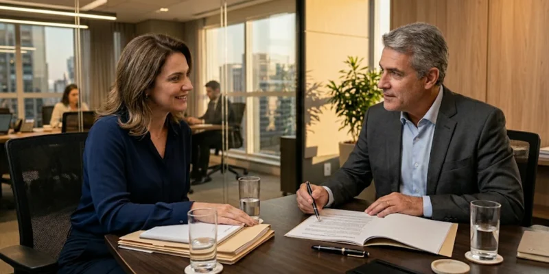 Advogado sênior explicando detalhes do adicional de periculosidade para cliente em sala de reunião corporativa em São Paulo.