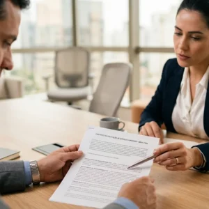 Fotografia detalhada de duas pessoas analisando seriamente um contrato impresso sobre uma mesa de madeira clara em um ambiente corporativo.