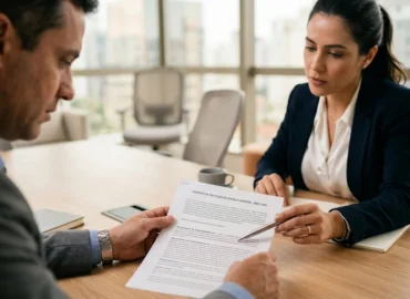 Fotografia detalhada de duas pessoas analisando seriamente um contrato impresso sobre uma mesa de madeira clara em um ambiente corporativo.