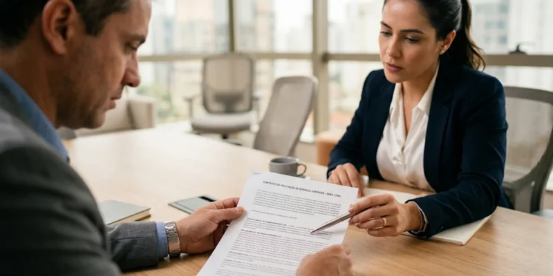 Fotografia detalhada de duas pessoas analisando seriamente um contrato impresso sobre uma mesa de madeira clara em um ambiente corporativo.