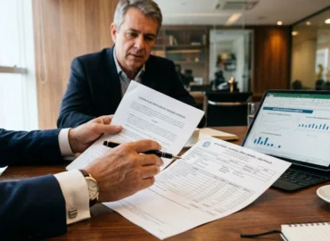 Advogado especialista em São Paulo analisando contrato de plano de saúde premium e notas fiscais para ação de revisão de reembolso médico.