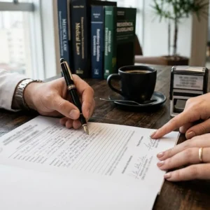 Close-up de mãos assinando documento médico em mesa de madeira, representando a validação jurídica de prontuários médicos.