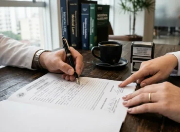 Close-up de mãos assinando documento médico em mesa de madeira, representando a validação jurídica de prontuários médicos.