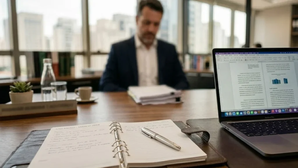 Escritório de advocacia corporativo em São Paulo analisando documentos trabalhistas sobre o prazo de pagamento de férias conforme a CLT.