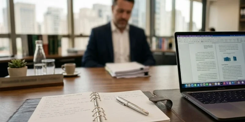 Escritório de advocacia corporativo em São Paulo analisando documentos trabalhistas sobre o prazo de pagamento de férias conforme a CLT.