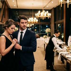 Casal em trajes formais demonstra frustração em salão de festas iluminado enquanto funcionários organizam o espaço ao fundo.