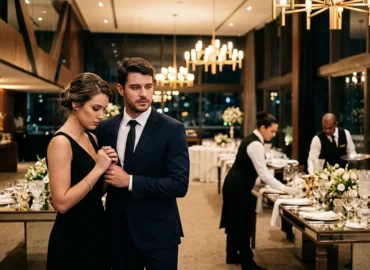 Casal em trajes formais demonstra frustração em salão de festas iluminado enquanto funcionários organizam o espaço ao fundo.