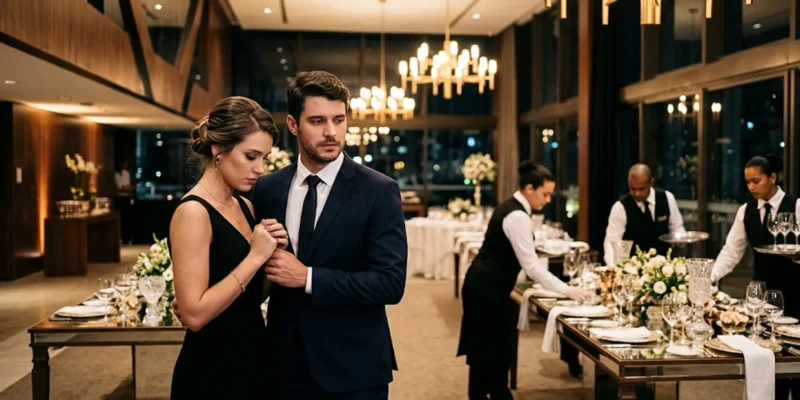 Casal em trajes formais demonstra frustração em salão de festas iluminado enquanto funcionários organizam o espaço ao fundo.