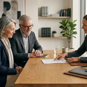 Advogado em escritório corporativo moderno orientando clientes sobre defesa em processo de execução fiscal e leilão de imóvel.
