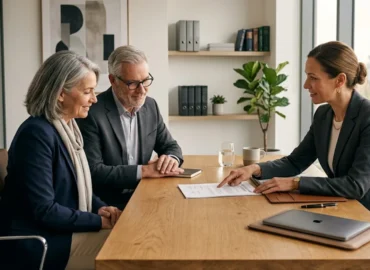 Advogado em escritório corporativo moderno orientando clientes sobre defesa em processo de execução fiscal e leilão de imóvel.